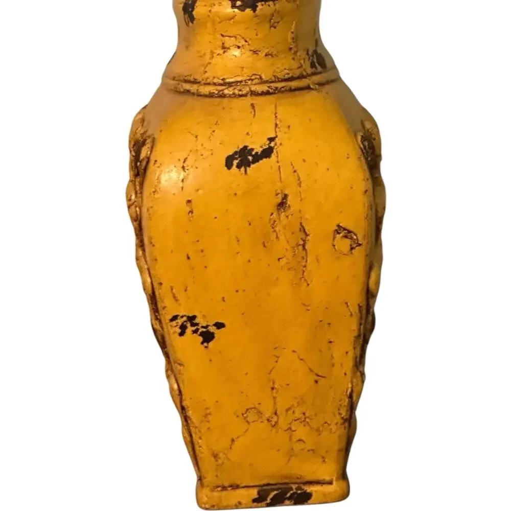 Mid Century Italian Yellow-Gold Distressed Ceramic Pottery 14” Tall Vase Rustic